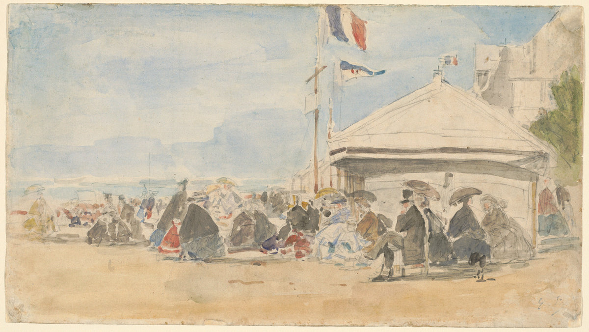 Eugène Boudin, Beach House with Flags at Trouville, c. 1865