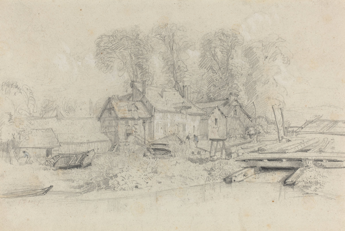Eugène Boudin, River Landscape with Buildings, Boats and Figures, c. 1858
