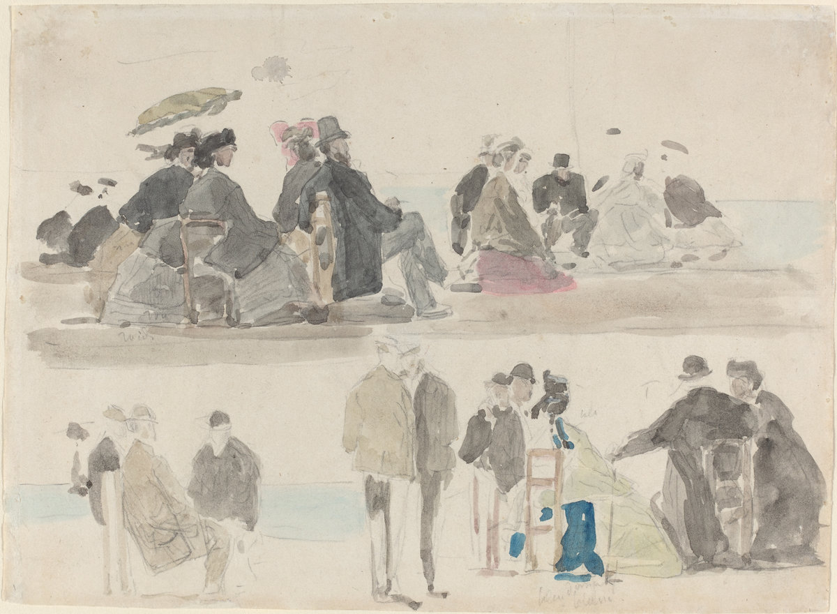 Eugène Boudin, Ladies and Gentlemen on the Beach, in Two Registers, c. 1865