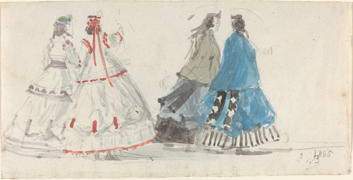 Eugène Boudin, Four Ladies in Crinoline Walking at Trouville, 1865