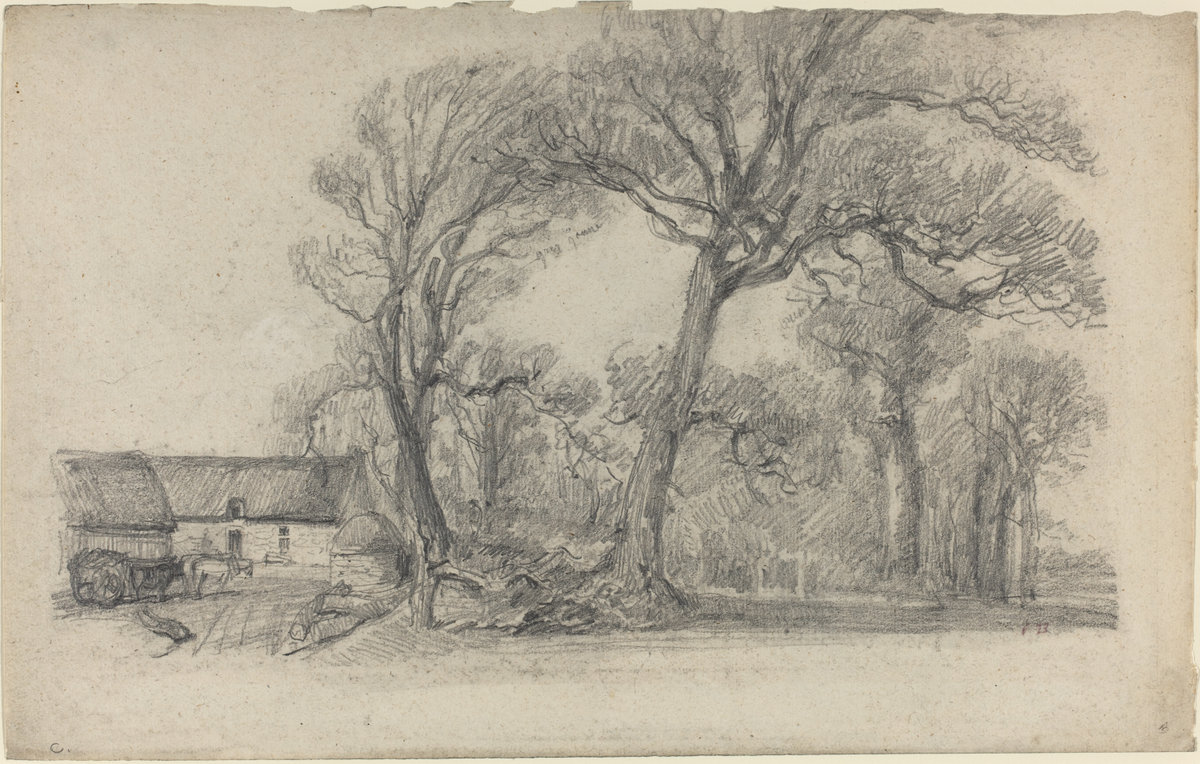 Eugène Boudin, Landscape with Tree, Cottage and Farm Wagon, c. 1858